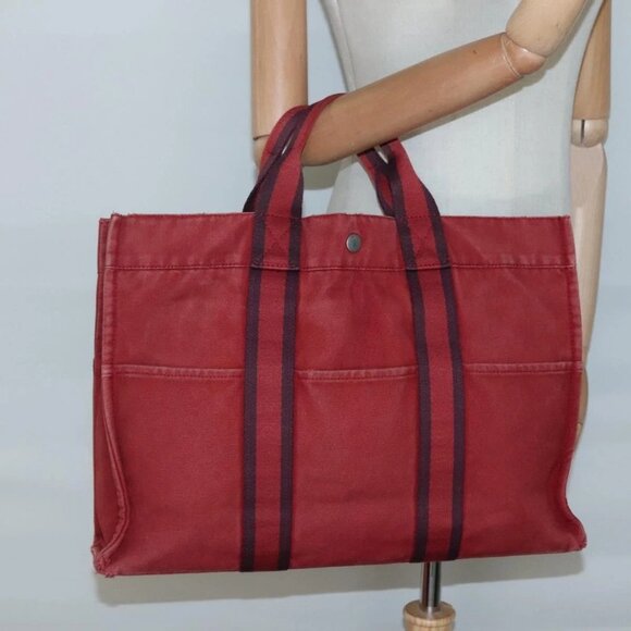 HERMES Fourre Tout MM Hand Bag Canvas Red Silver Auth - Picture 1 of 16